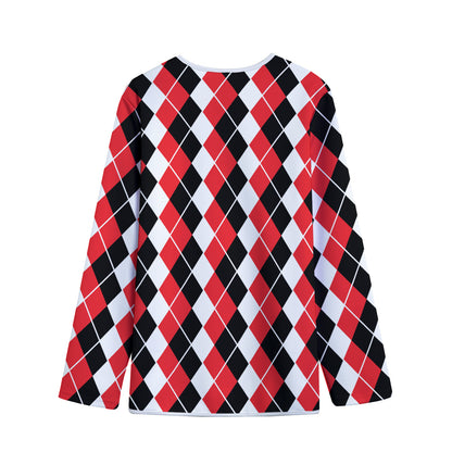 Red Black And White Argyle Print Long Sleeve Short Coat