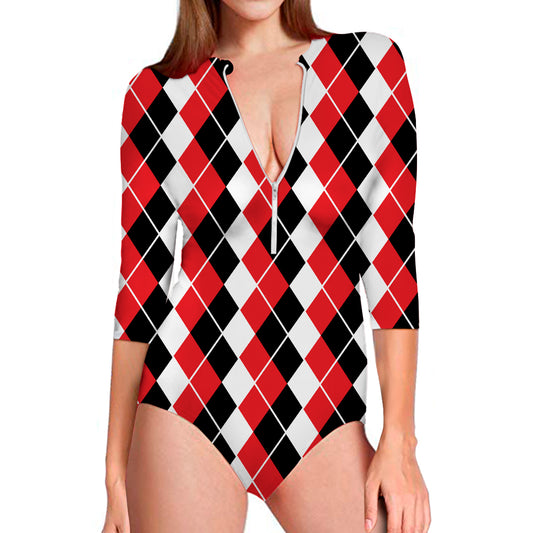 Red Black And White Argyle Print Long Sleeve Swimsuit