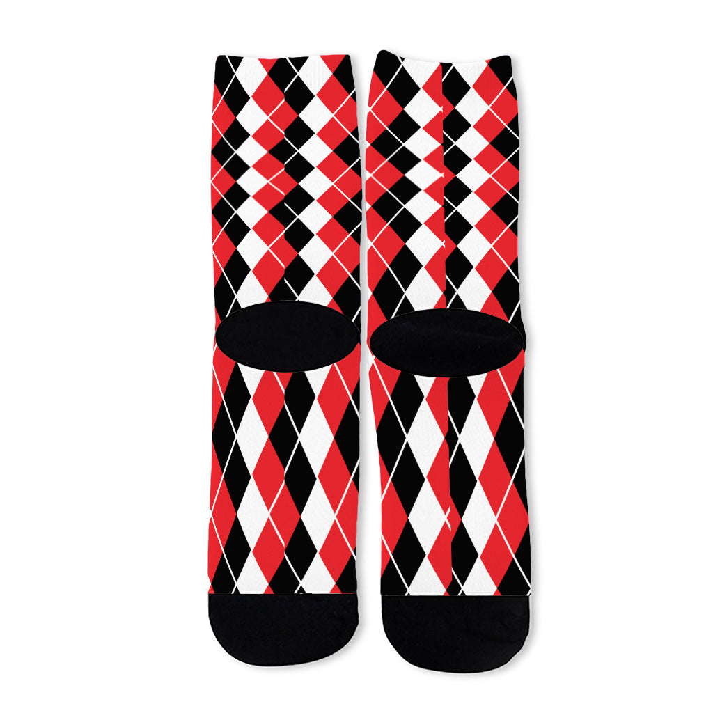 Red Black And White Argyle Print Long Socks