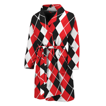 Red Black And White Argyle Print Men's Bathrobe