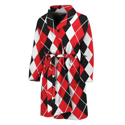 Red Black And White Argyle Print Men's Bathrobe