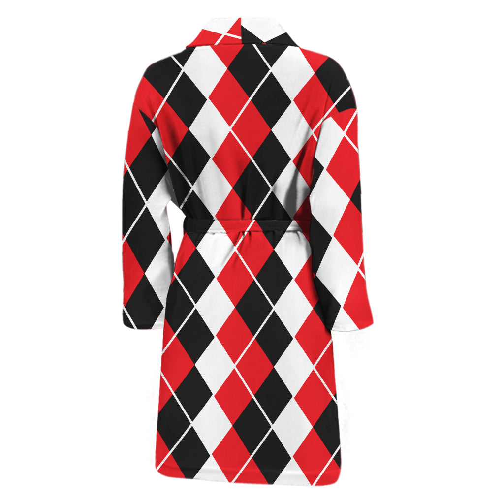 Red Black And White Argyle Print Men's Bathrobe