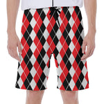 Red Black And White Argyle Print Men's Beach Shorts