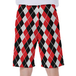 Red Black And White Argyle Print Men's Beach Shorts