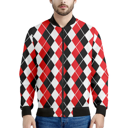 Red Black And White Argyle Print Men's Bomber Jacket