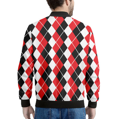 Red Black And White Argyle Print Men's Bomber Jacket