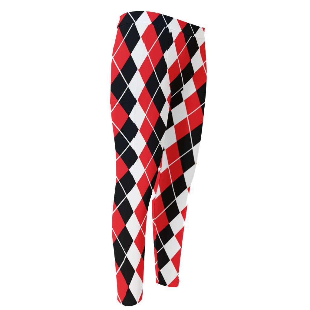 Red Black And White Argyle Print Men's Compression Pants