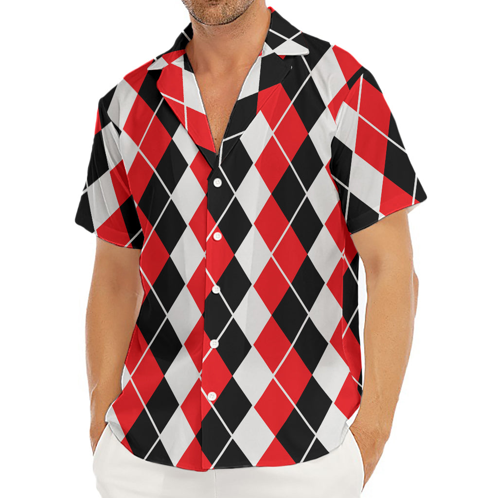 Red Black And White Argyle Print Men's Deep V-Neck Shirt