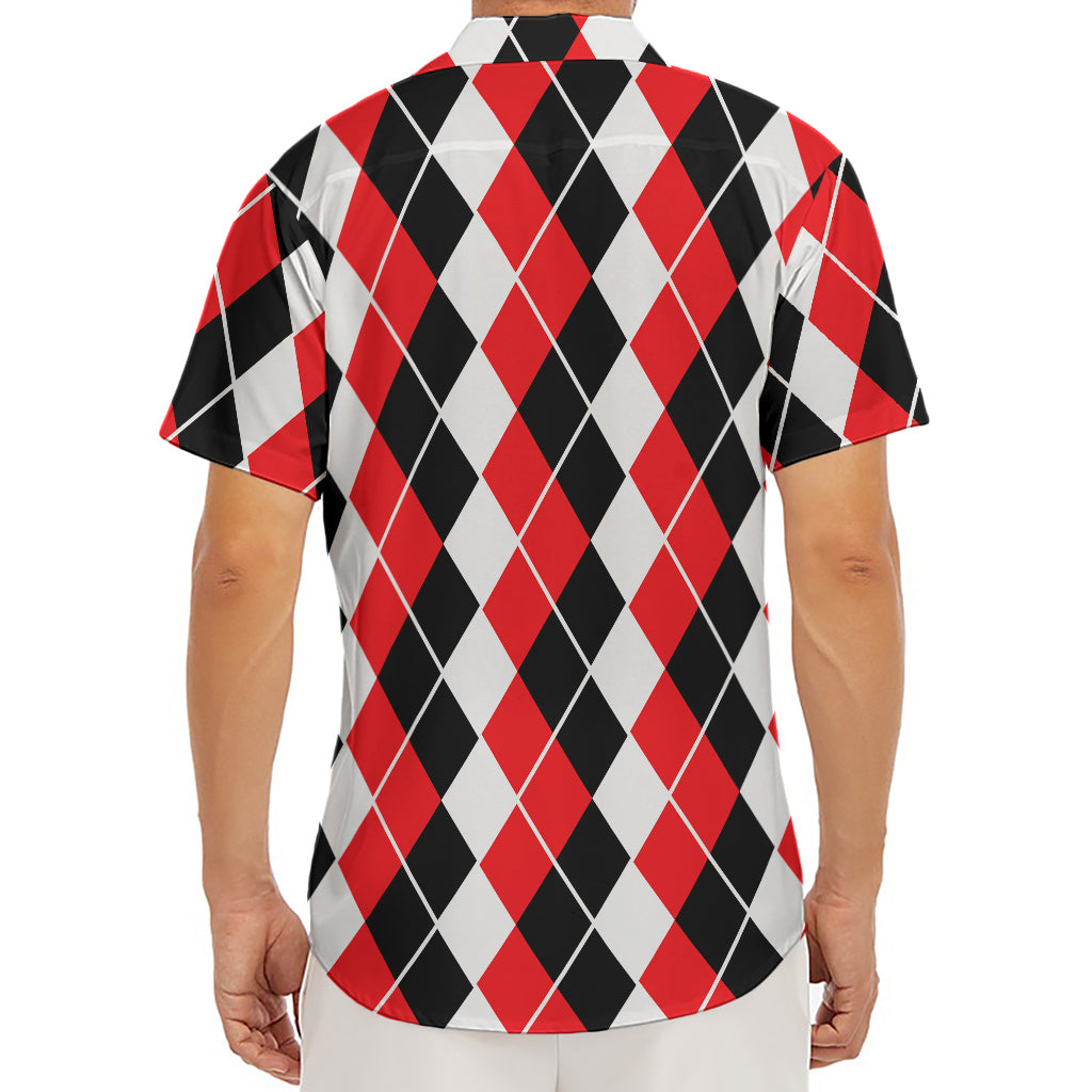 Red Black And White Argyle Print Men's Deep V-Neck Shirt