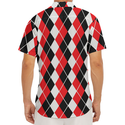 Red Black And White Argyle Print Men's Deep V-Neck Shirt