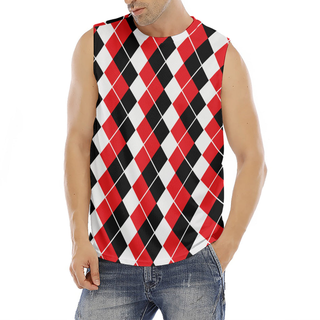 Red Black And White Argyle Print Men's Fitness Tank Top