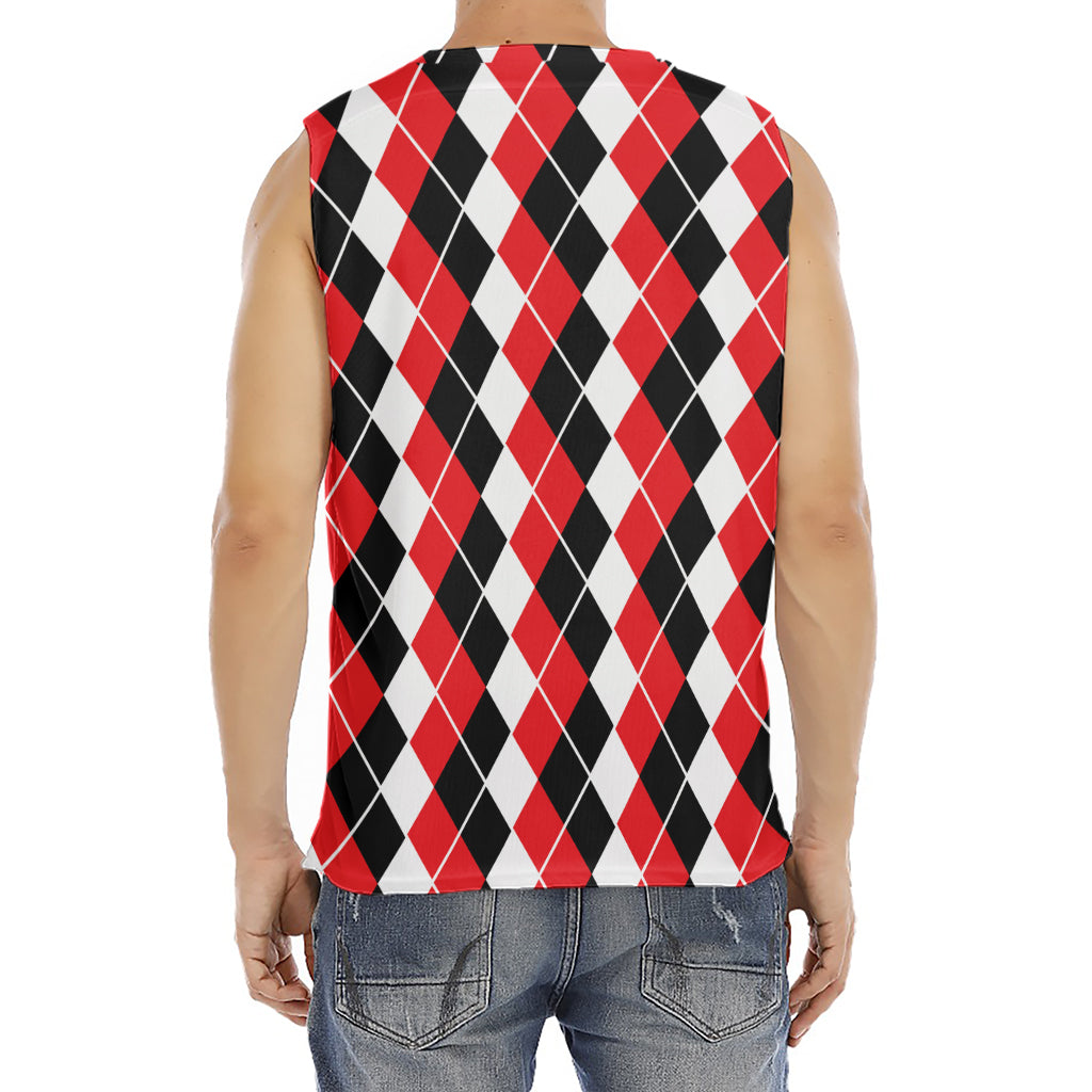 Red Black And White Argyle Print Men's Fitness Tank Top