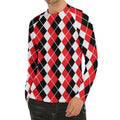 Red Black And White Argyle Print Men's Long Sleeve Rash Guard