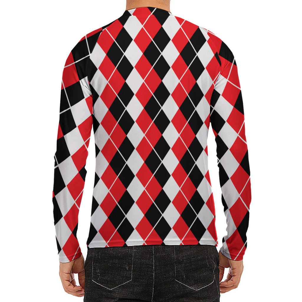 Red Black And White Argyle Print Men's Long Sleeve Rash Guard