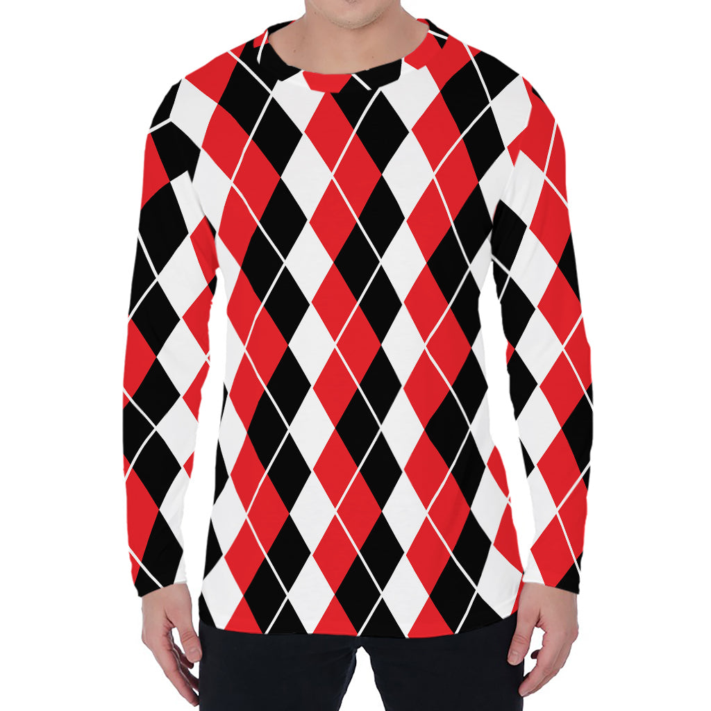Red Black And White Argyle Print Men's Long Sleeve T-Shirt