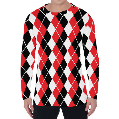 Red Black And White Argyle Print Men's Long Sleeve T-Shirt