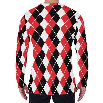 Red Black And White Argyle Print Men's Long Sleeve T-Shirt