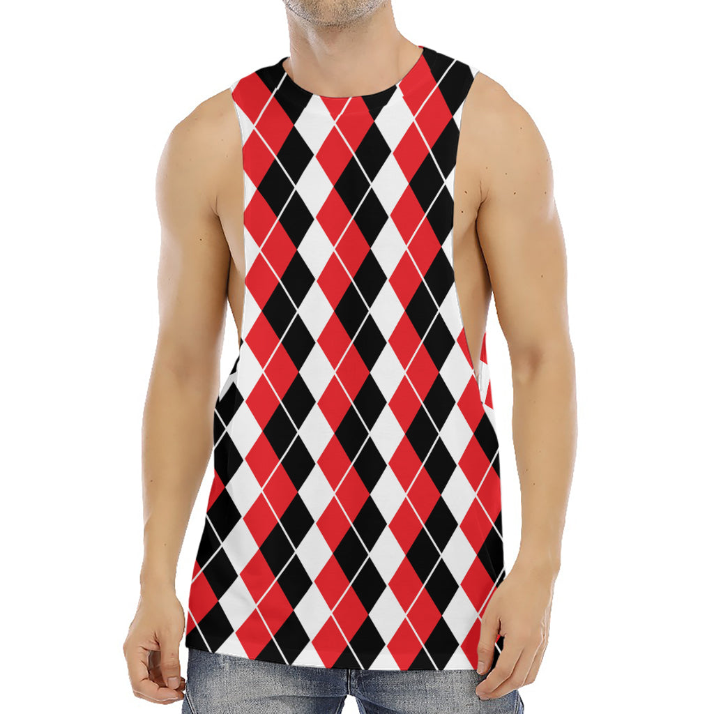 Red Black And White Argyle Print Men's Muscle Tank Top