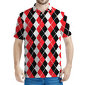 Red Black And White Argyle Print Men's Polo Shirt