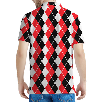 Red Black And White Argyle Print Men's Polo Shirt