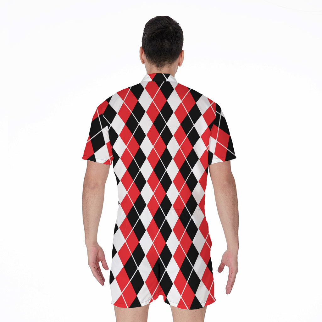 Red Black And White Argyle Print Men's Rompers