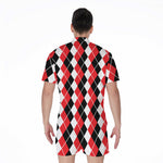 Red Black And White Argyle Print Men's Rompers