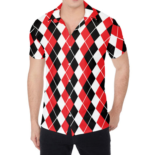 Red Black And White Argyle Print Men's Shirt