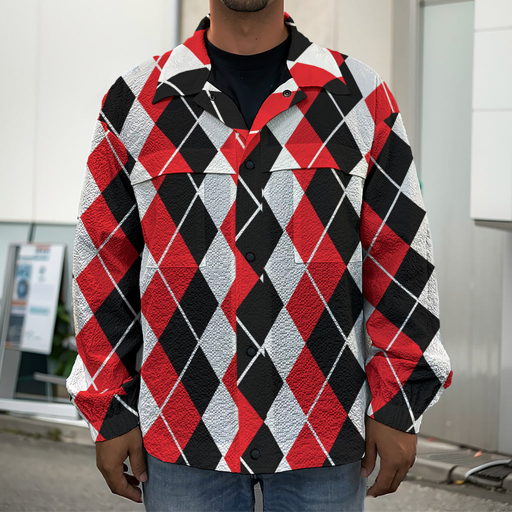 Red Black And White Argyle Print Men's Shirt Jacket