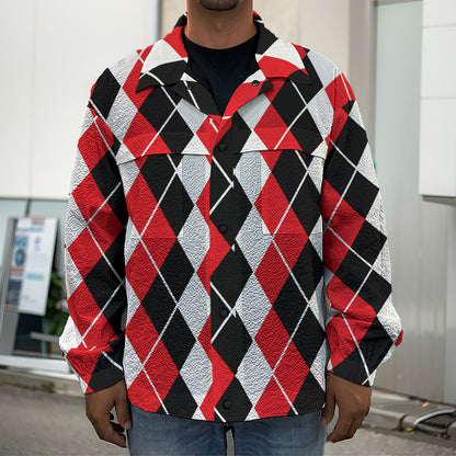 Red Black And White Argyle Print Men's Shirt Jacket