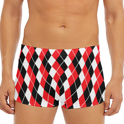 Red Black And White Argyle Print Men's Short Boxer Briefs
