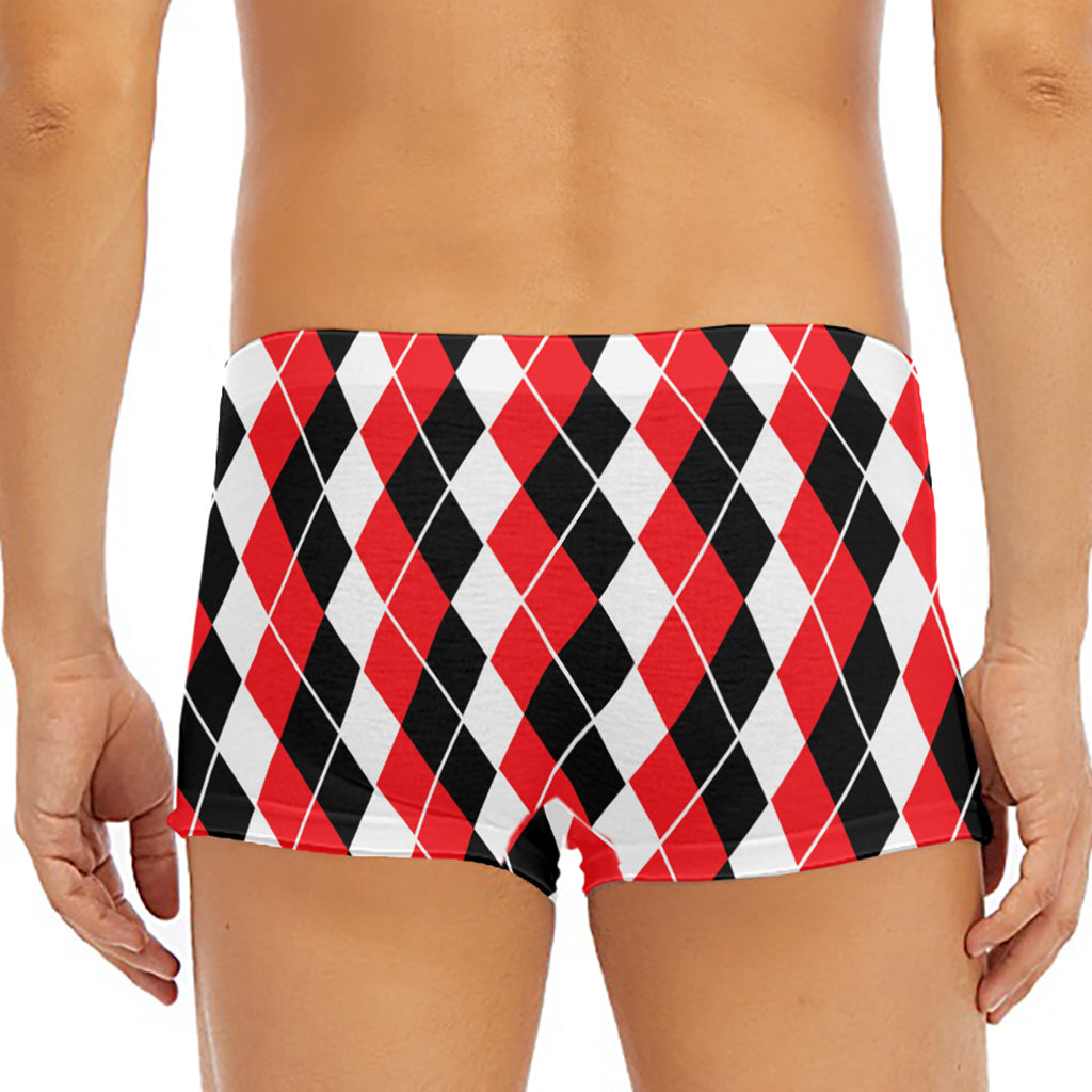 Red Black And White Argyle Print Men's Short Boxer Briefs