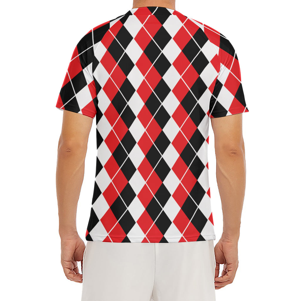 Red Black And White Argyle Print Men's Short Sleeve Rash Guard