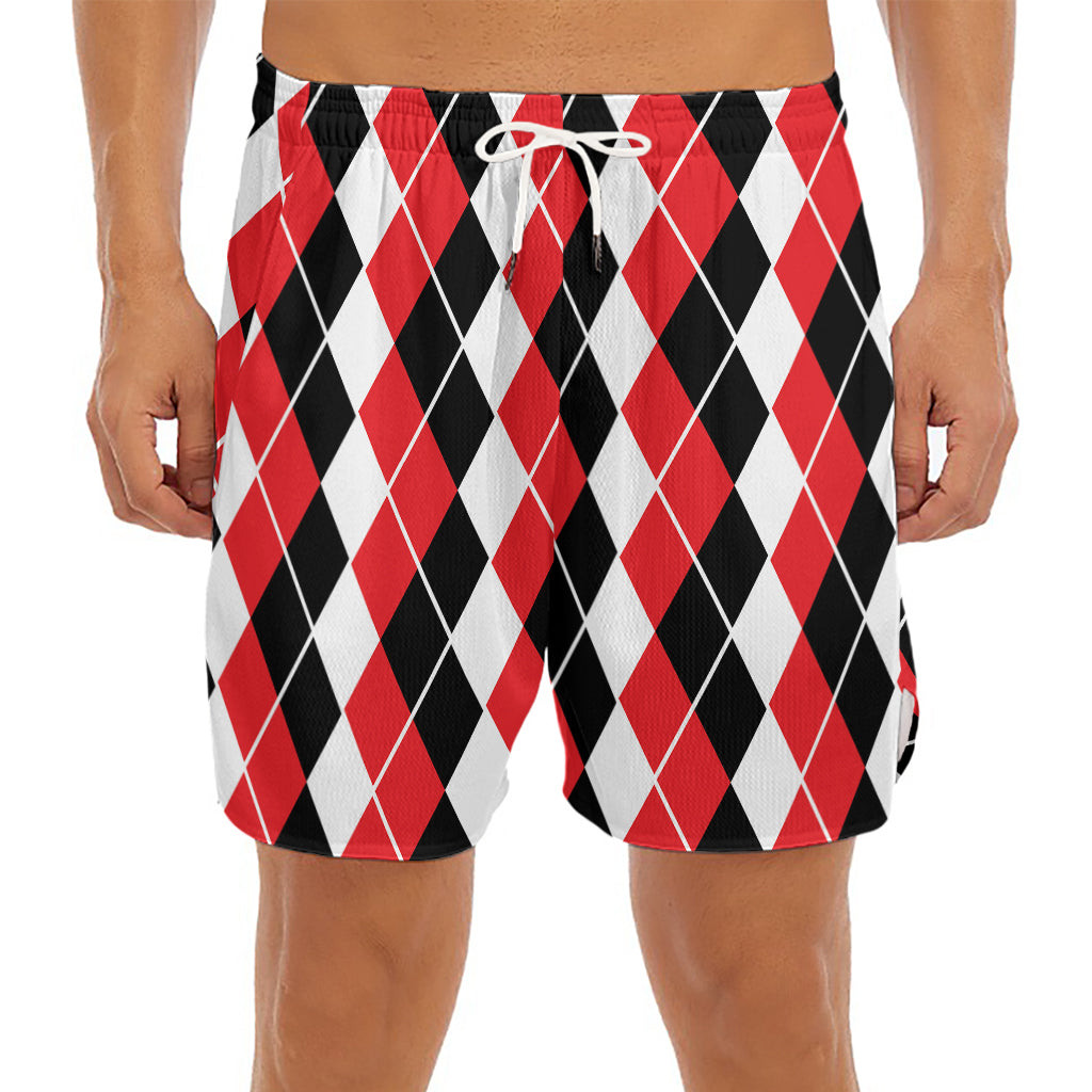 Red Black And White Argyle Print Men's Split Running Shorts