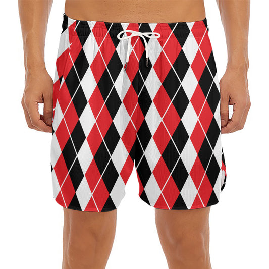 Red Black And White Argyle Print Men's Split Running Shorts