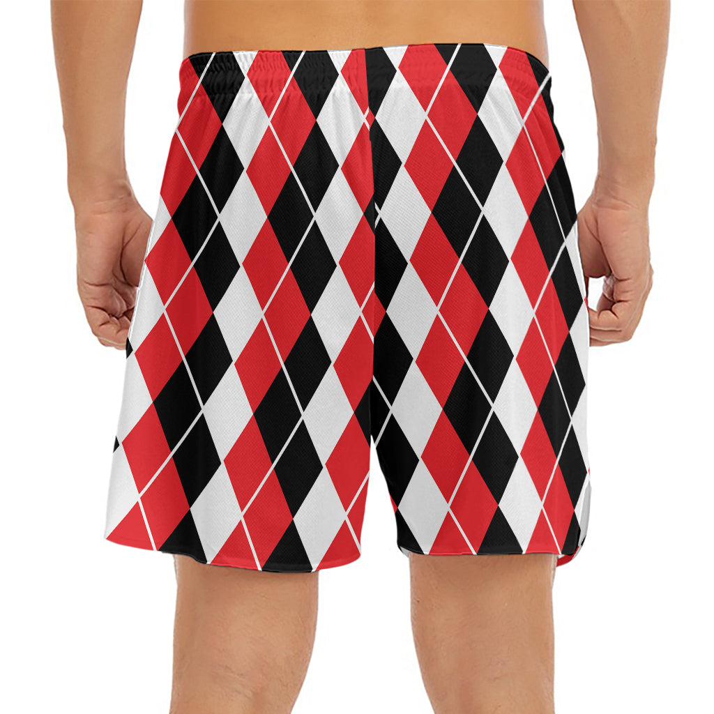 Red Black And White Argyle Print Men's Split Running Shorts