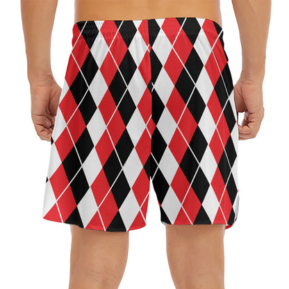 Red Black And White Argyle Print Men's Split Running Shorts