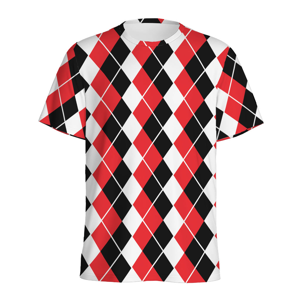 Red Black And White Argyle Print Men's Sports T-Shirt