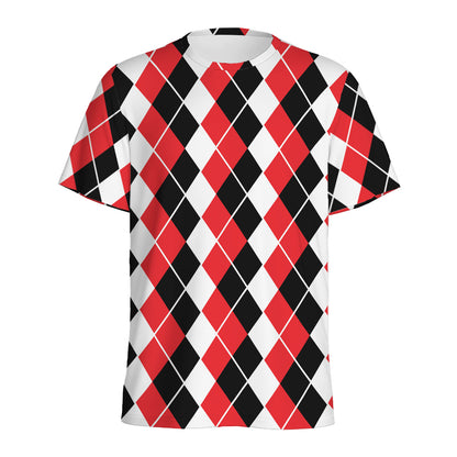 Red Black And White Argyle Print Men's Sports T-Shirt