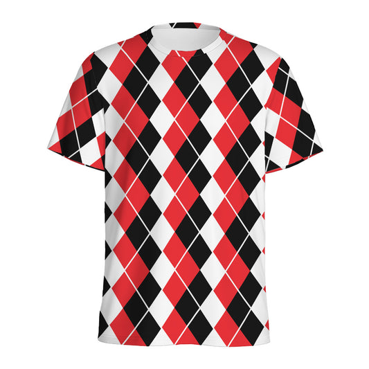 Red Black And White Argyle Print Men's Sports T-Shirt