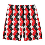 Red Black And White Argyle Print Men's Swim Trunks