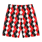 Red Black And White Argyle Print Men's Swim Trunks
