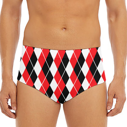 Red Black And White Argyle Print Men's Triangle Swim Briefs