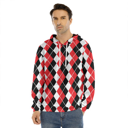 Red Black And White Argyle Print Men's Velvet Pullover Hoodie