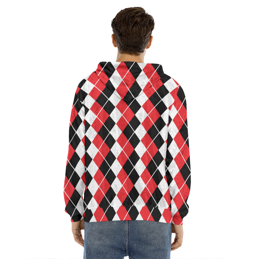 Red Black And White Argyle Print Men's Velvet Pullover Hoodie