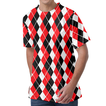 Red Black And White Argyle Print Men's Velvet T-Shirt