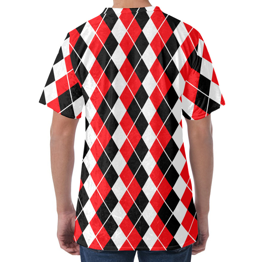 Red Black And White Argyle Print Men's Velvet T-Shirt
