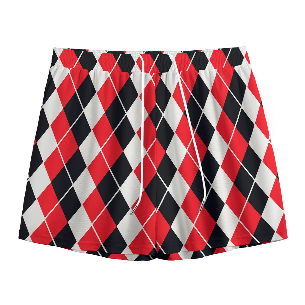 Red Black And White Argyle Print Mesh Shorts
