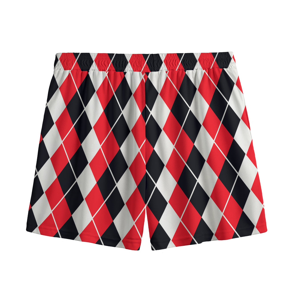Red Black And White Argyle Print Mesh Shorts