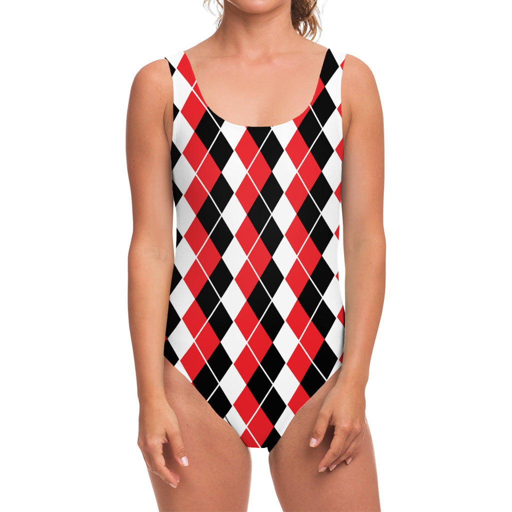 Red Black And White Argyle Print One Piece Swimsuit