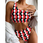 Red Black And White Argyle Print One Shoulder Bikini Top